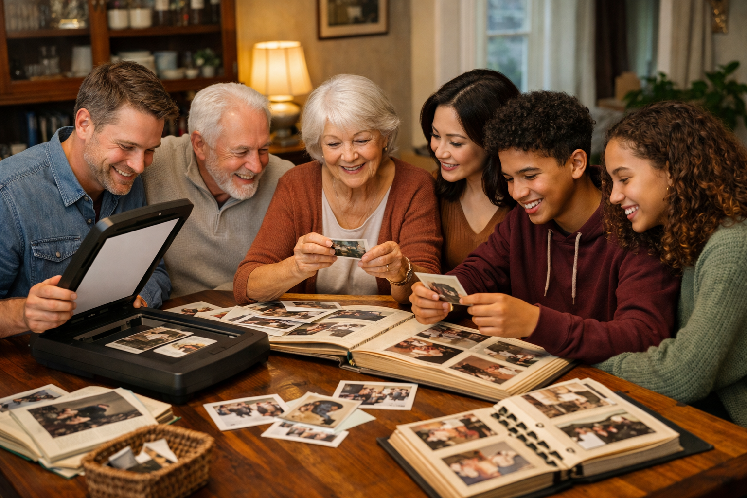 Multigenerational family scanning printed photos at a dining table